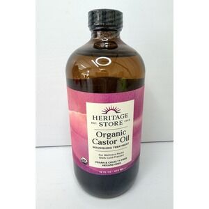 Heritage Store Organic Castor Oil 16 fl oz, Amber Glass, Cold-Pressed 03/2027